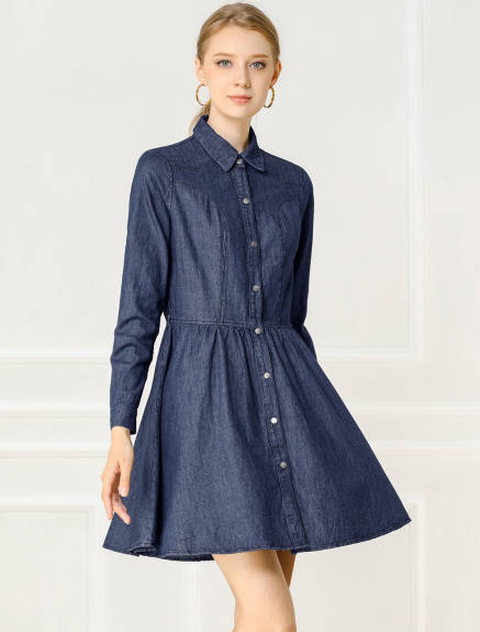 Allegra K- Long Sleeve Above Knee Denim Shirt Dress with Belt