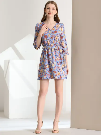 Allegra K- Floral Half Placket Belted 3/4 Sleeve Dress