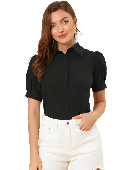 Allegra K- Puff Sleeve Collared Cotton Shirt