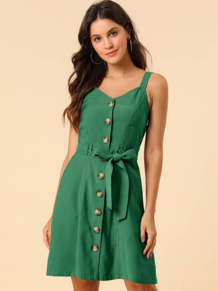 Allegra K- Belted Spaghetti Strap Button Dress