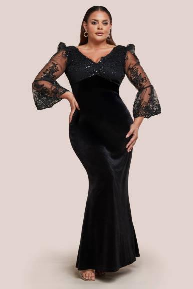 Goddiva - Scalloped Lace & Velvet Maxi Dress - Plus Size