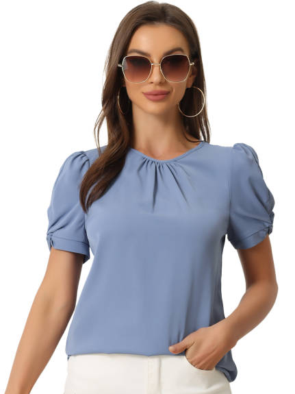 Allegra K- Puff Sleeve Round Pleated Neck Top