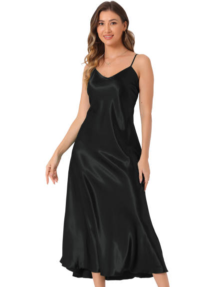 Allegra K - Satin V Neck Spaghetti Strap Maxi Dress