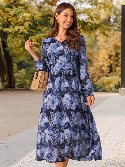 Allegra K - Long Sleeve Chiffon Flowy Floral Dress