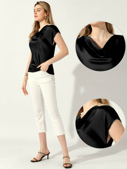 Allegra K - Cowl Neck Short Sleeve Satin Top