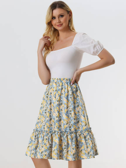 Allegra K- Ruffle Hem Tiered A-Line Floral Midi Skirt