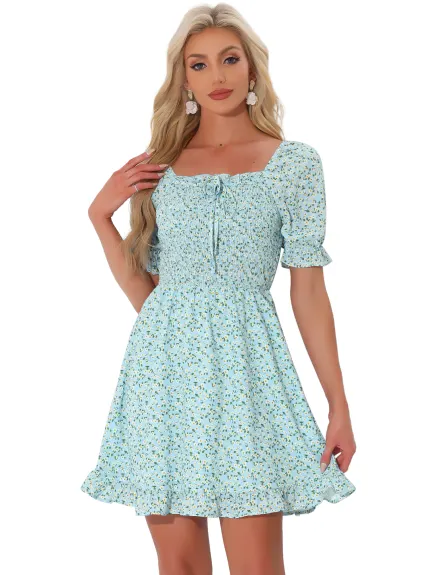 Allegra K- Puff Sleeve Square Neck Ruffled Hem Floral Smocked Dress