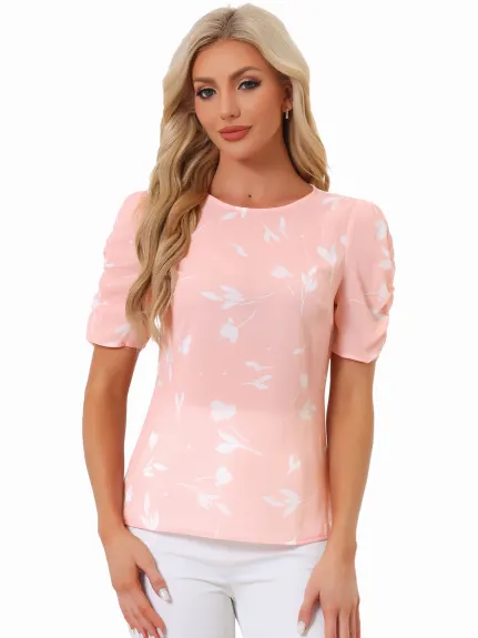 Allegra K- Floral Crew Neck Shirred Short Sleeve Blouse