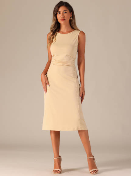 Allegra K- Ruched Crew Neck Sleeveless Midi Dress