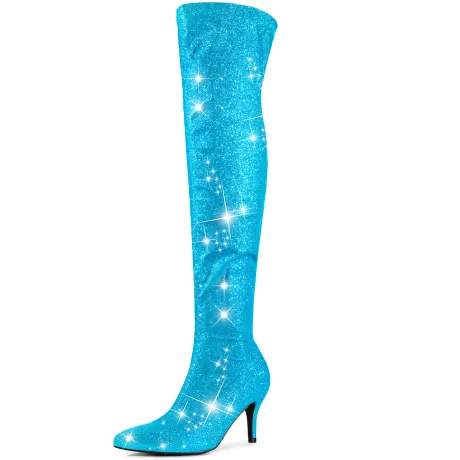 Allegra K - Glitter Pointed Toe Stiletto Heels Over the Knee Boots