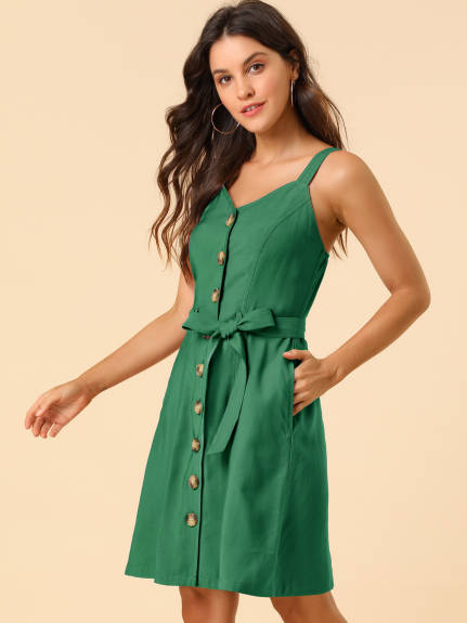 Allegra K- Belted Spaghetti Strap Button Dress