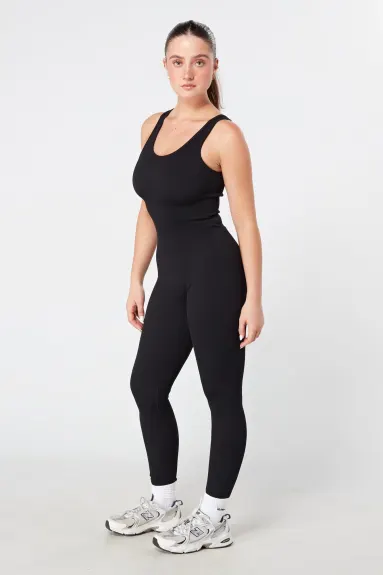 Twill Active Ribbed Unitard - BLACK