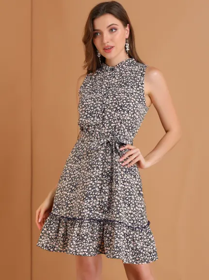 Allegra K- Robe à volants sans manches à ceinture florale