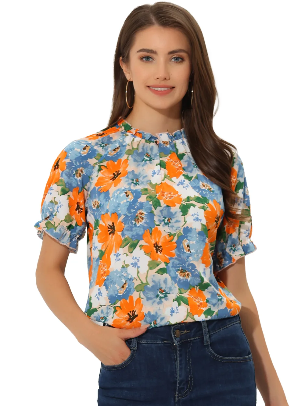 Allegra K- Floral Short Sleeve Ruffle Neck Blouse