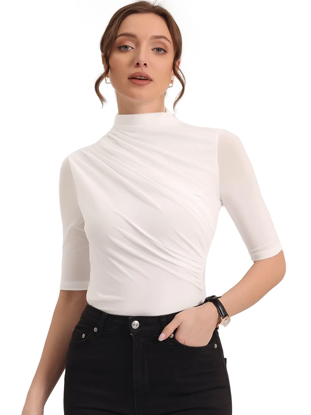 Allegra K- Mock Neck Stretch Slim Fit Sheer Mesh Ruched Top