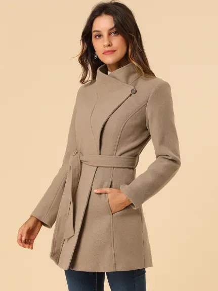 Allegra K- Manteau long classique à col montant et ceinture