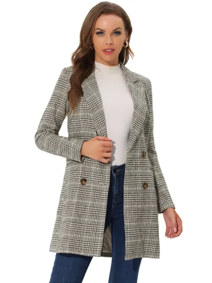 Allegra K- Notched Lapel Double Breasted Plaid Blazer