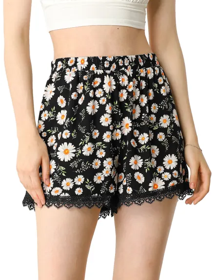 Allegra K - Elastic Waist Lace Trim Summer Floral Shorts