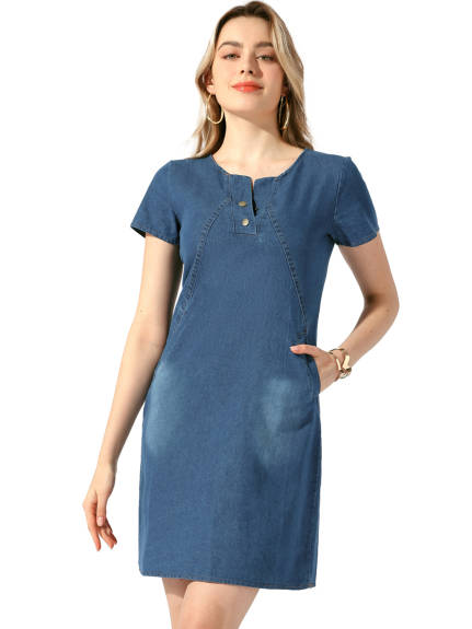 Allegra K - Short Sleeve Denim Dress with Side Pockets