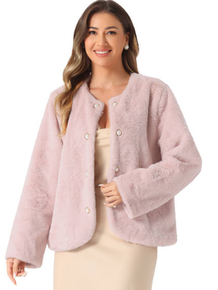 Allegra K - Pearl Button Faux Fur Coat Jacket