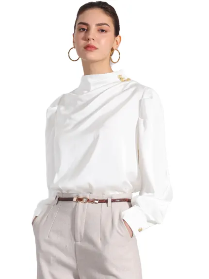 Allegra K - Satin Pleated Mock Neck Puff Sleeve Blouse