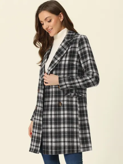 Allegra K- Notched Lapel Double Breasted Plaid Blazer