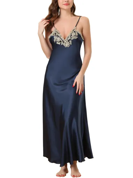 cheibear - Satin Sleeveless Nigthgown Lace Trim Sleep Dress