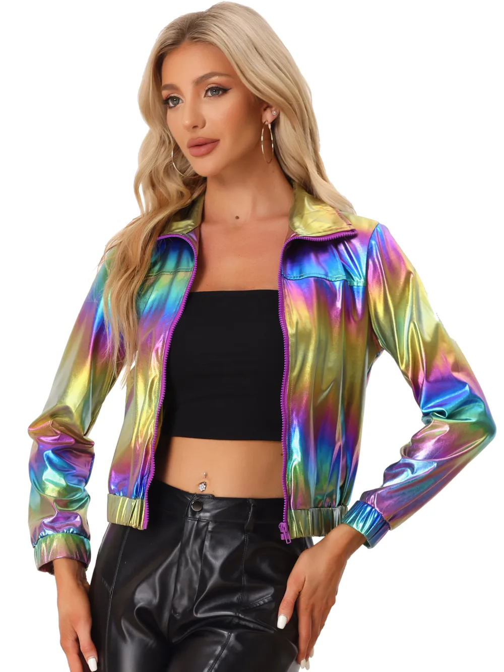 Allegra K- Metallic Shiny Zip Front Short Track Jacket