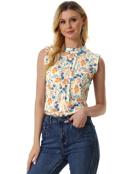 Allegra K- Ruffled Mandarin Collar Sleeveless Pleated Blouse