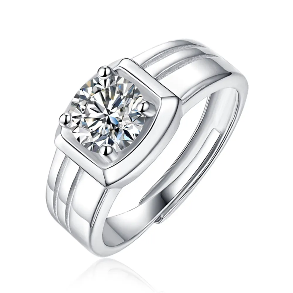 SV Argent Sterling  1ct Round Lab Créé Moissanite Solitaire Anneau Réglable Anniversaire Rainuré