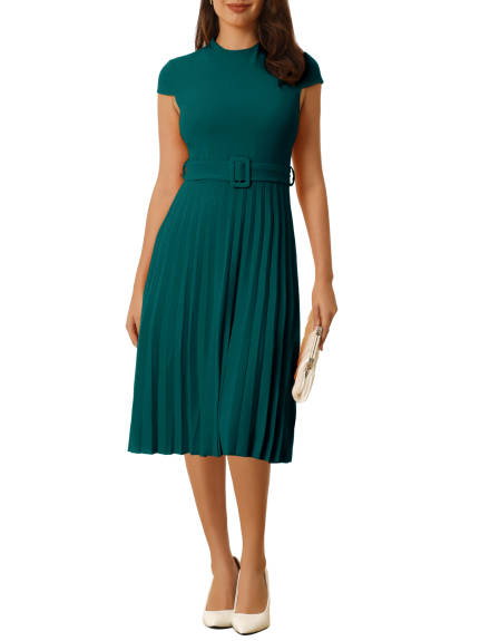 Hobemty- Mock Neck Belted A-Line Pleated Dress