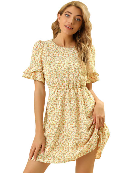 Allegra K- Bell Sleeve High Waist A-Line Flowy Ditsy Floral Dress