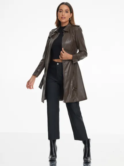 Allegra K- Slim Fit Zip Faux Leather Long Jacket