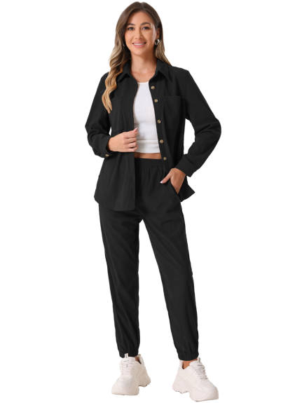 Allegra K - Corduroy Long Sleeve Shirt and Pants 2 Piece Outfits