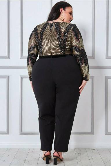 Goddiva - Sequin & Mesh Jumpsuit- plus size