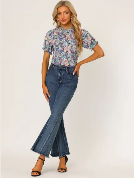 Allegra K- Floral Short Sleeve Ruffle Neck Blouse