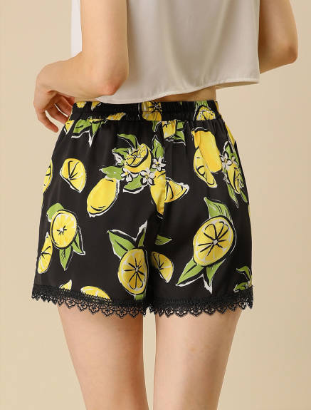 Allegra K - Summer Floral Printed Lace Trim Beach Shorts