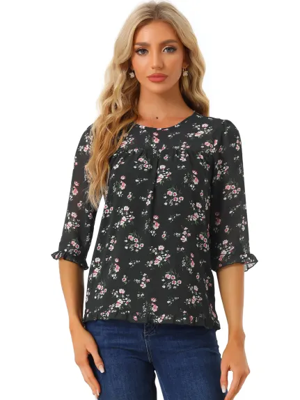 Allegra K- Floral Ruffled 3/4 Sleeve Chiffon Blouses