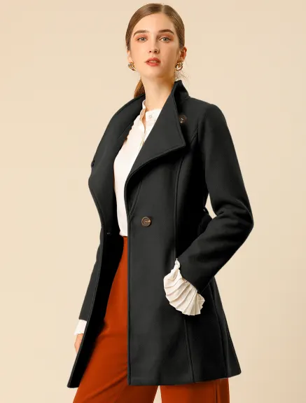 Allegra K- Classic Stand Collar Belted Long Coat