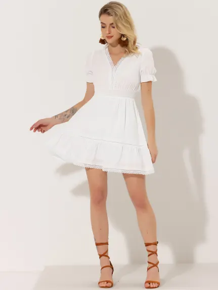 Allegra K- Boho V Neck Smocked Elastic Waist Short Sleeve Mini Dress