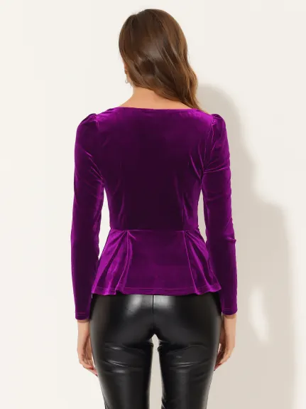 Allegra K- Velvet Sweetheart Neck Long Sleeve Peplum Top