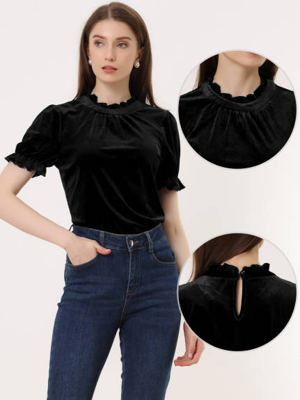 Allegra K- Ruffle Collar Short Sleeve Velvet Blouse