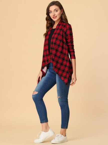 Allegra K- Handkerchief Hem Plaids Open Front Cardigan