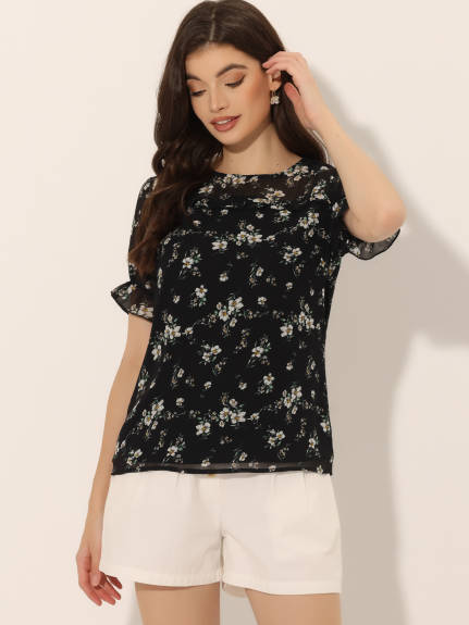 Allegra K- Chiffon Ruffled Trim Floral Blouse