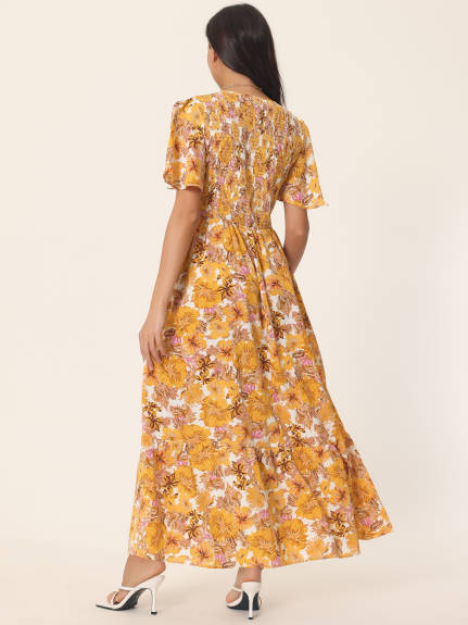 Allegra K - Summer Floral Smocked Flowy Maxi Dress