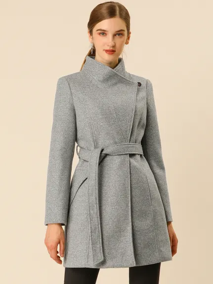 Allegra K- Classic Stand Collar Belted Long Coat