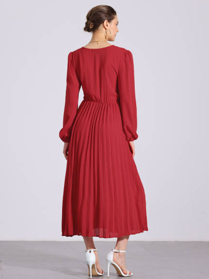 Allegra K - Pleated V-Neck Puff Sleeve Midi Dress