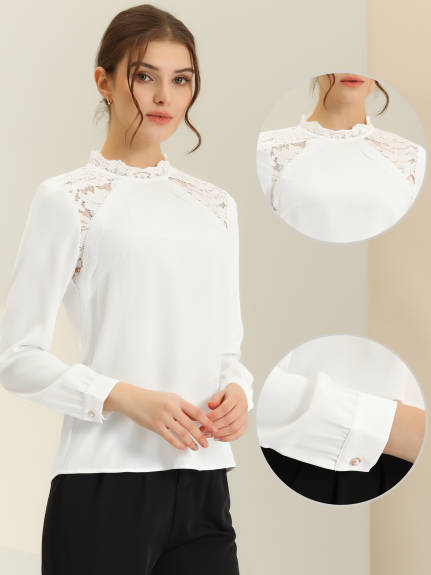 Allegra K - Mock Neck Contrast Lace Elegant Blouse