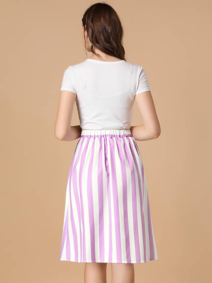 Allegra K - Button A-Line Striped Midi Skirt