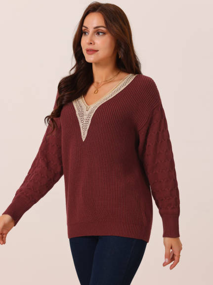 Allegra K - Lace V Neck Drop Shoulder Sweater